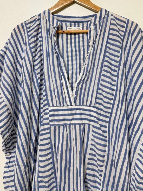 EMERSON FRY India OS S M L Ocean Blue Stripe Short Caftan Coverup Dress - Picture 4 of 10